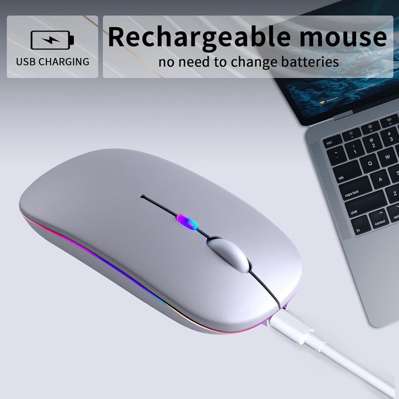 KANMABPC Wireless Bluetooth Mouse – Rechargeable, Silent, Dual Mode (Bluetooth 5.2 & USB) with LED Lights – Portable for Laptop, Desktop, & Tablet(Silver) - Image 3